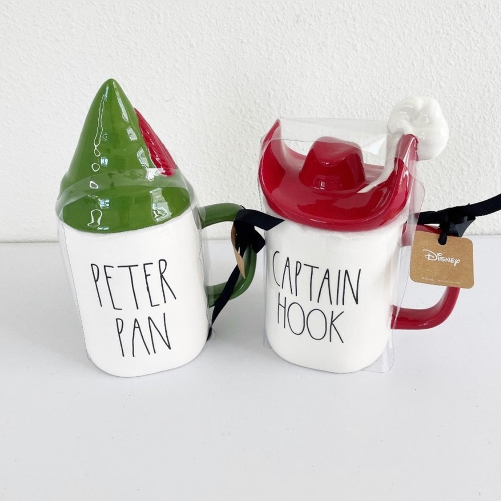 Rae Dunn PETER PAN and CAPTAIN HOOK mugs with toppers